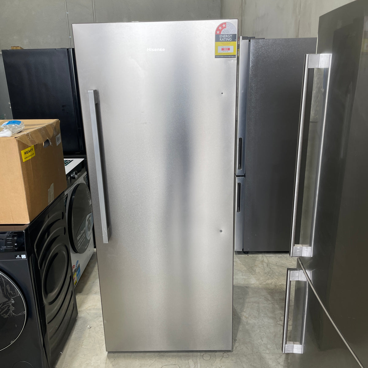 Hisense HRVF384S 384L Hybrid Vertical Freezer – Stainless Steel, Frost Free & Reversible Door | Factory Second