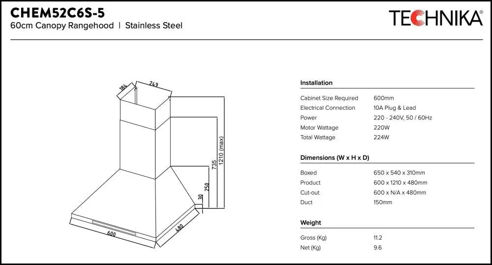Brand new Technika CHEM52C6S-5 60cm High Extraction Rangehood For Sale image 1